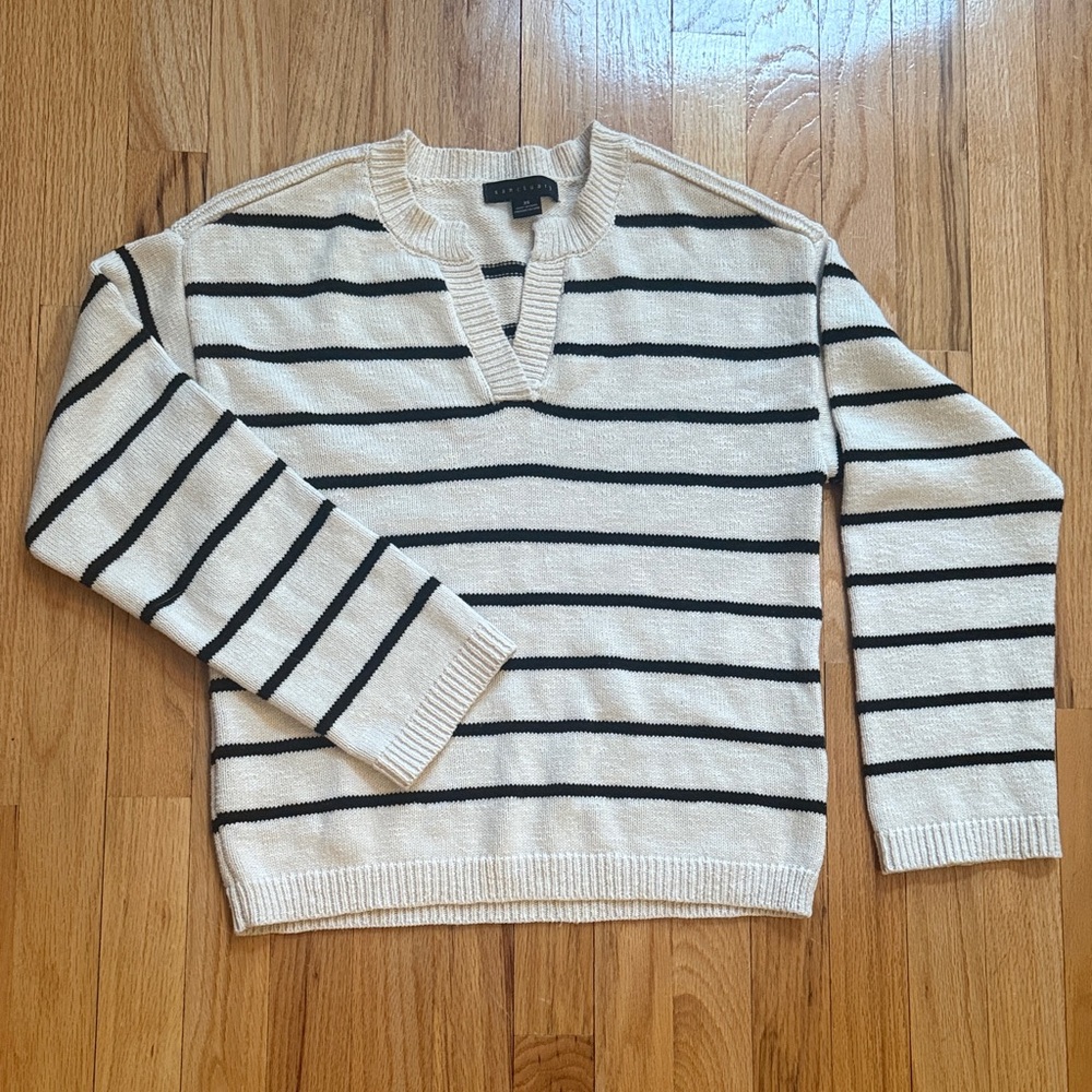 Striped Cream and Black V-Neck Sweater - Men
